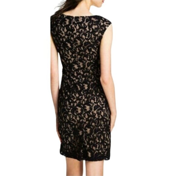 Adrianna Papell Embroidered Lace Overlay Sheath Dress Size 10 Black & Gold/Nude - Picture 3 of 14